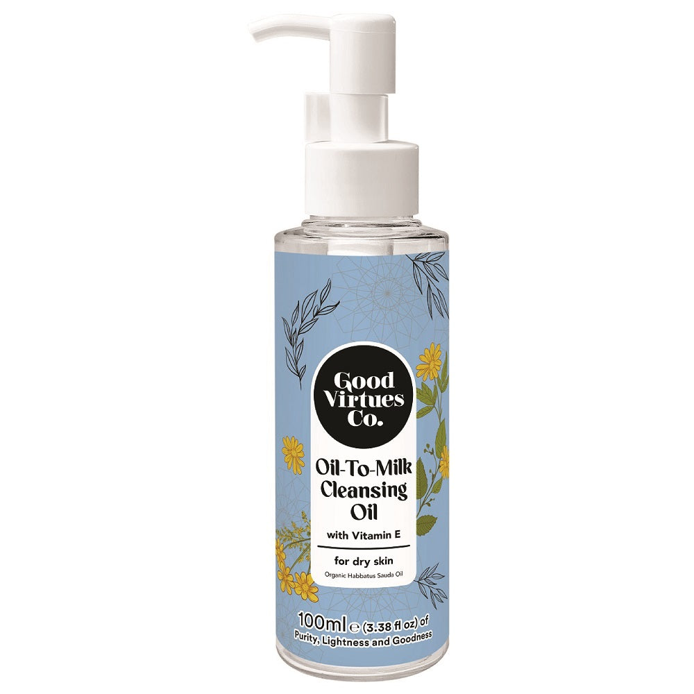 Good Virtues Co. Oil-To-Milk Cleansing Oil 100ml bottle on a clean background, a gentle Malaysian halal skincare product for removing makeup.