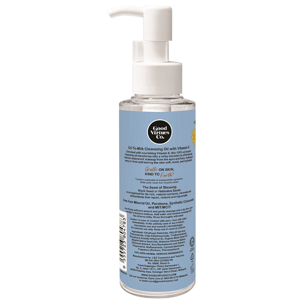 Back label of Good Virtues Co. Oil-To-Milk Cleansing Oil 100ml showing ingredients, halal certification, and usage instructions.