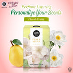 Good Virtues Co. Pear & Peony perfume bottle surrounded by fresh pink peonies and sliced pears.