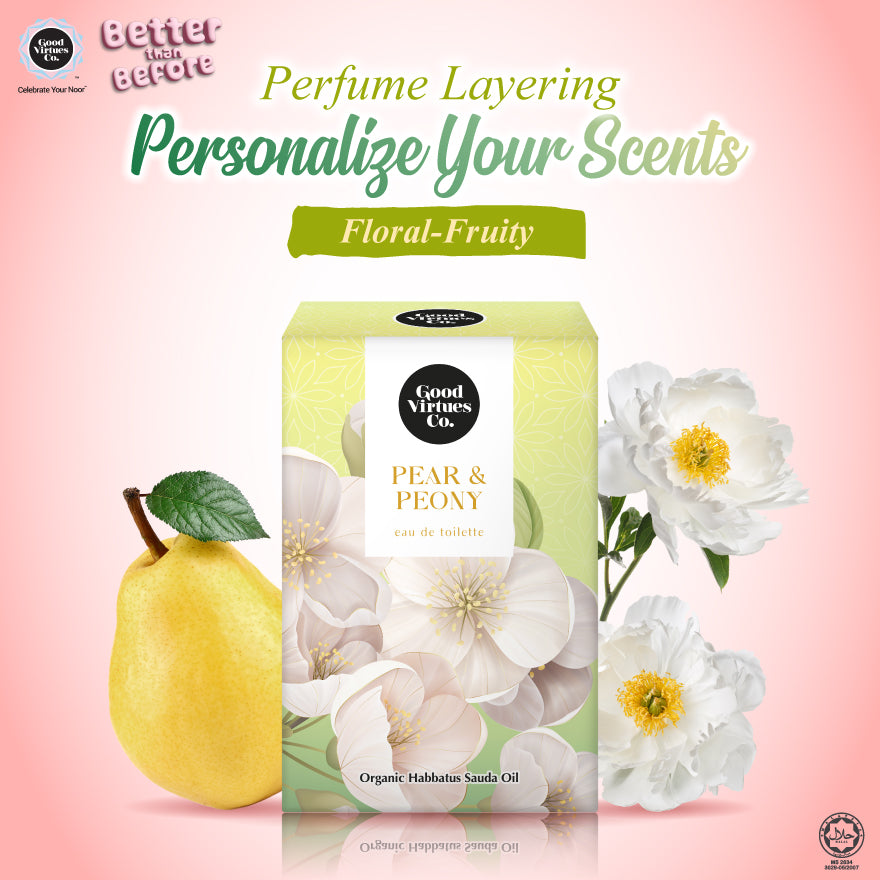 Good Virtues Co. Pear & Peony perfume bottle surrounded by fresh pink peonies and sliced pears.
