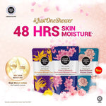 Good Virtues Co. shower cream packaging with promotional text on a decorative background
