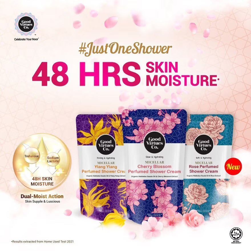 Good Virtues Co. shower cream packaging with promotional text on a decorative background