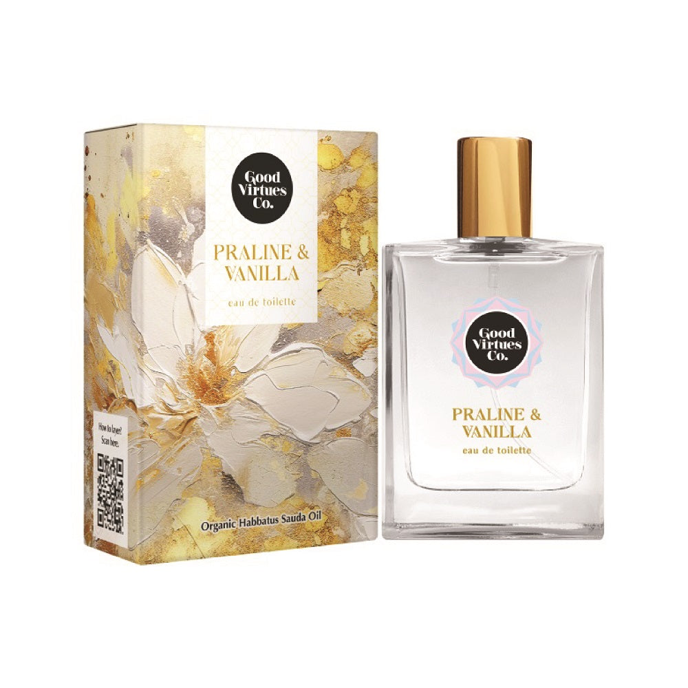 Good Virtues Co. Praline & Vanilla Eau De Toilette 50ml bottle and packaging box on a clean background.
