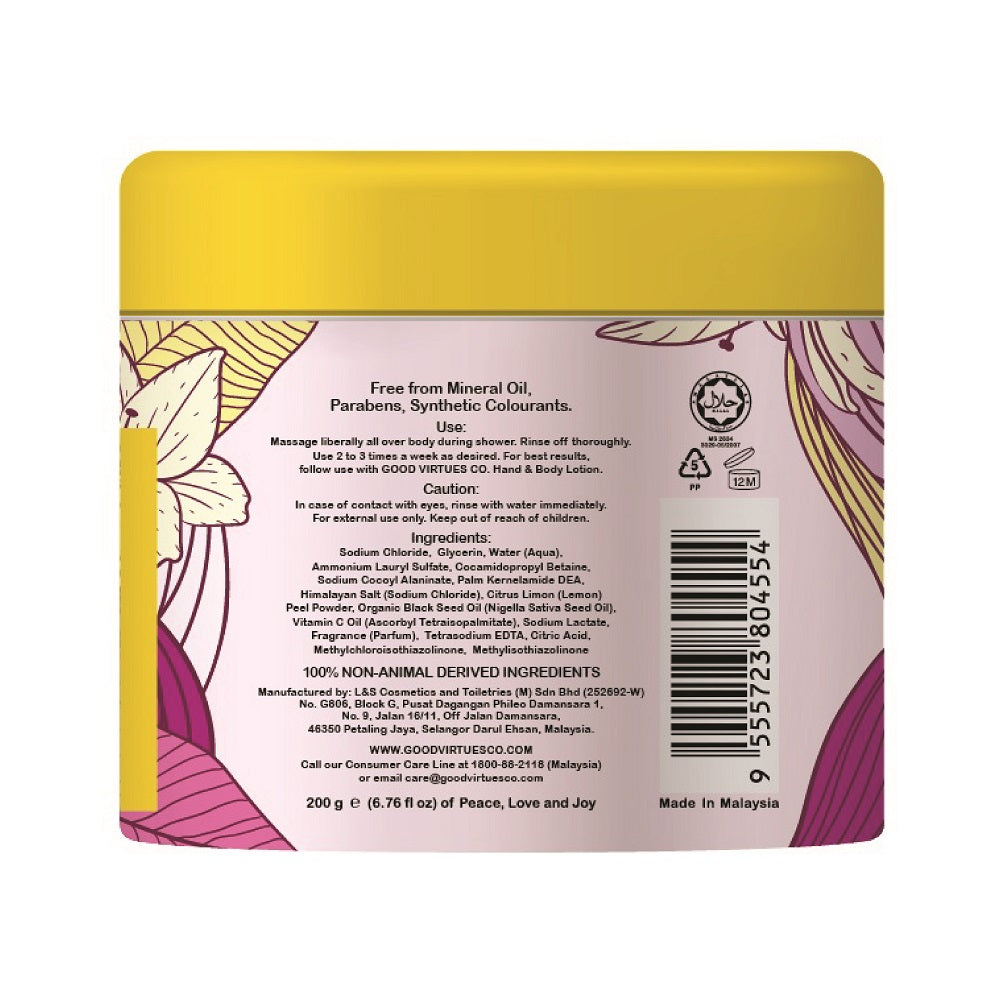 Back label of Good Virtues Co. Refreshing & Lightening Body Salt Scrub showing ingredients and usage directions.