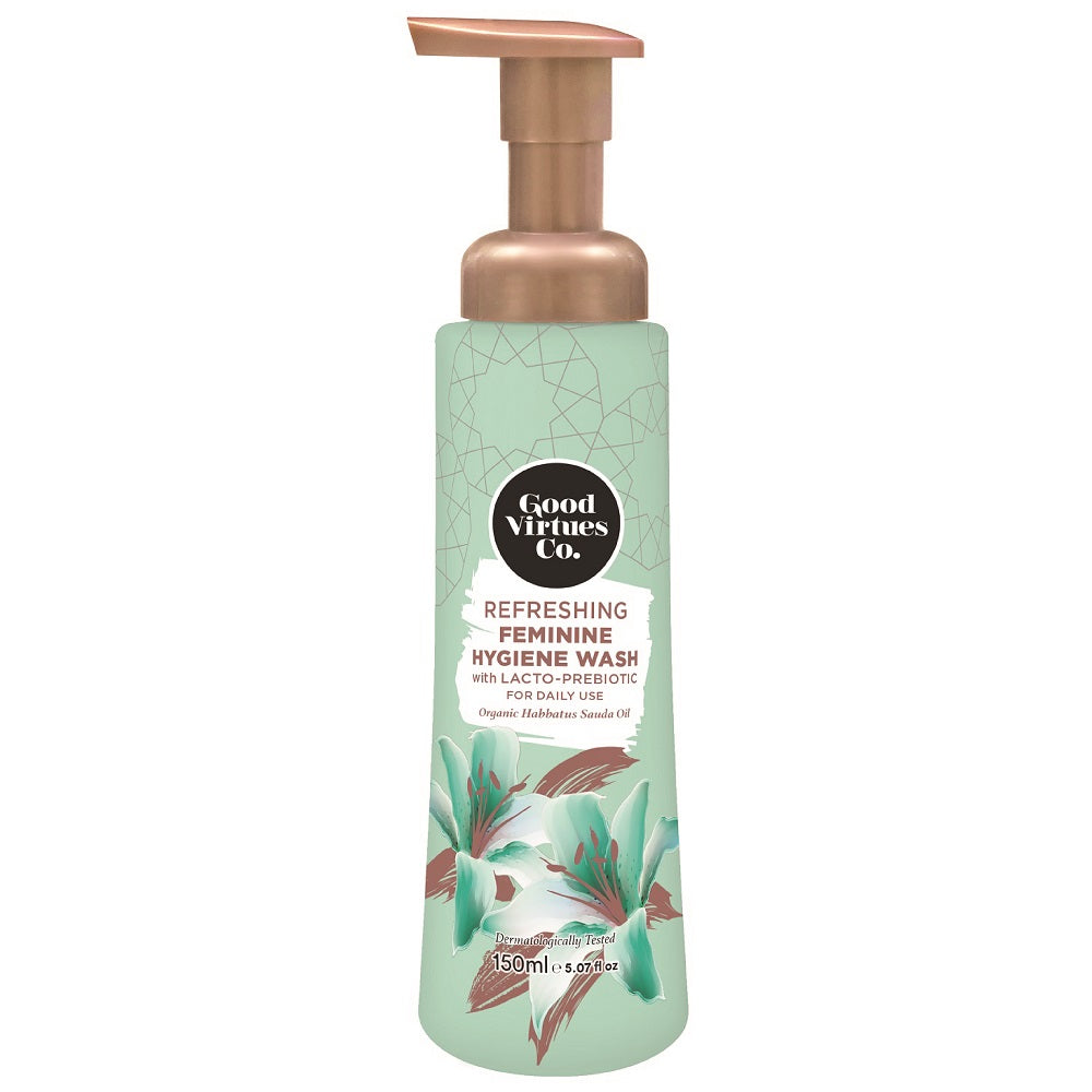 Front view of Good Virtues Co. Refreshing Feminine Hygiene Wash in a 150ml squeeze bottle against a clean, white background.