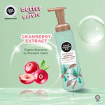 Product infographic for Good Virtues Co. Feminine Hygiene Wash listing key benefits like pH-balanced, enriched with Organic Habbatus Sauda Oil, and free from parabens.