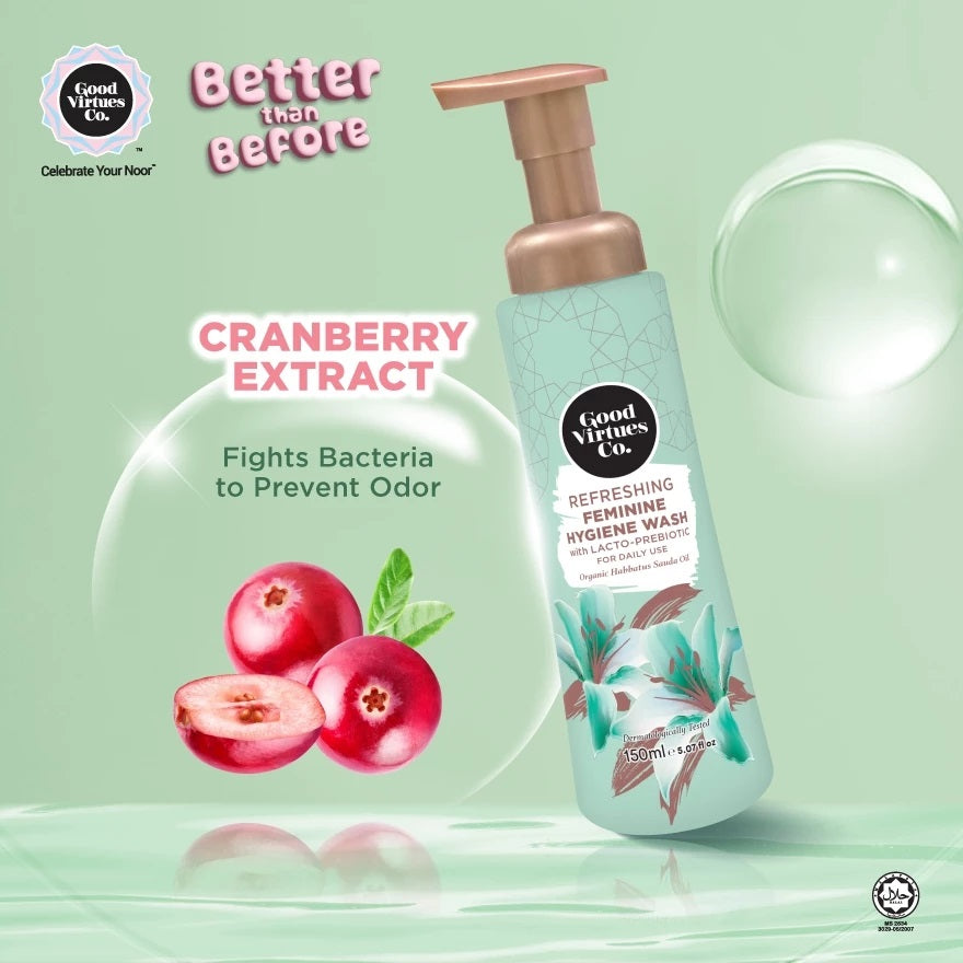 Product infographic for Good Virtues Co. Feminine Hygiene Wash listing key benefits like pH-balanced, enriched with Organic Habbatus Sauda Oil, and free from parabens.