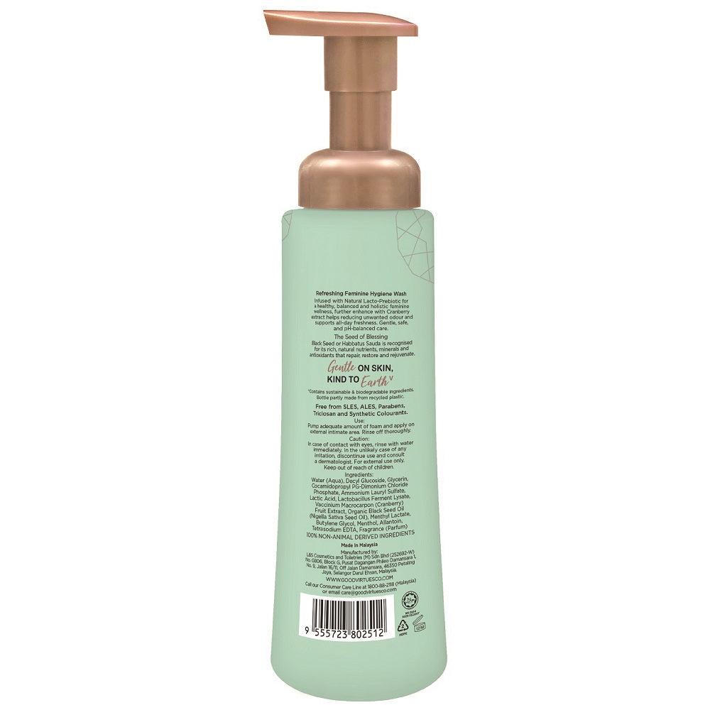 Close-up of the back packaging of Good Virtues Co. Feminine Wash, showing the ingredients list, Halal certification logo, and usage directions.