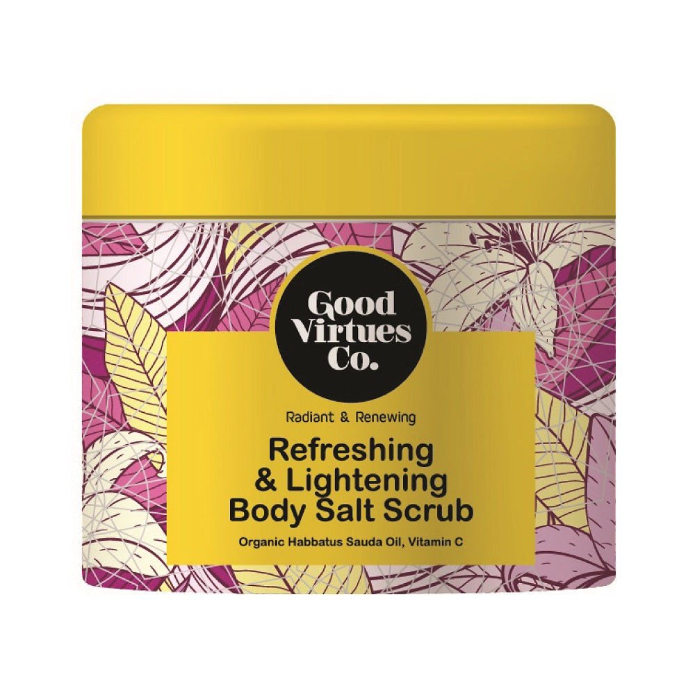 Good Virtues Co. Refreshing and Lightening Body Salt Scrub 200g tub on a clean white background.