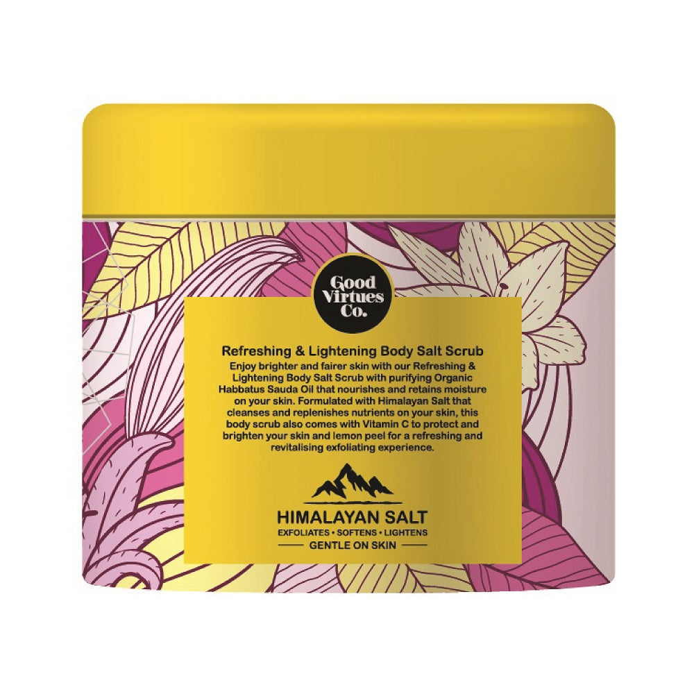 Side label of Good Virtues Co. Refreshing & Lightening Body Salt Scrub showing benefits and functions
