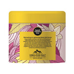 Side label of Good Virtues Co. Refreshing & Lightening Body Salt Scrub showing benefits and functions