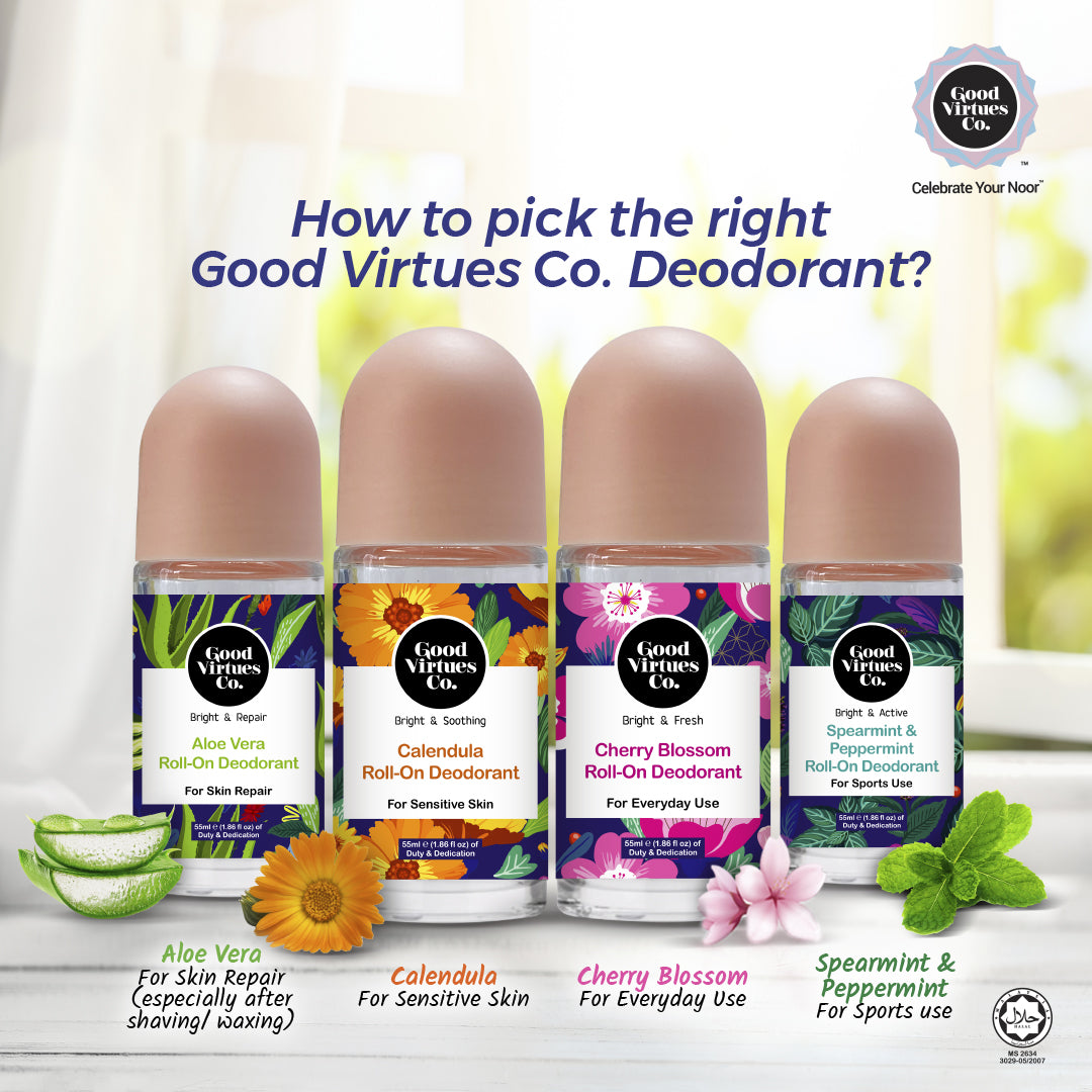 Four bottles of Good Virtues Co. deodorants with labels for different skin types and uses, set against a blurred natural background.
