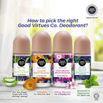 Four bottles of Good Virtues Co. deodorants with labels for different skin types and uses, set against a blurred natural background.