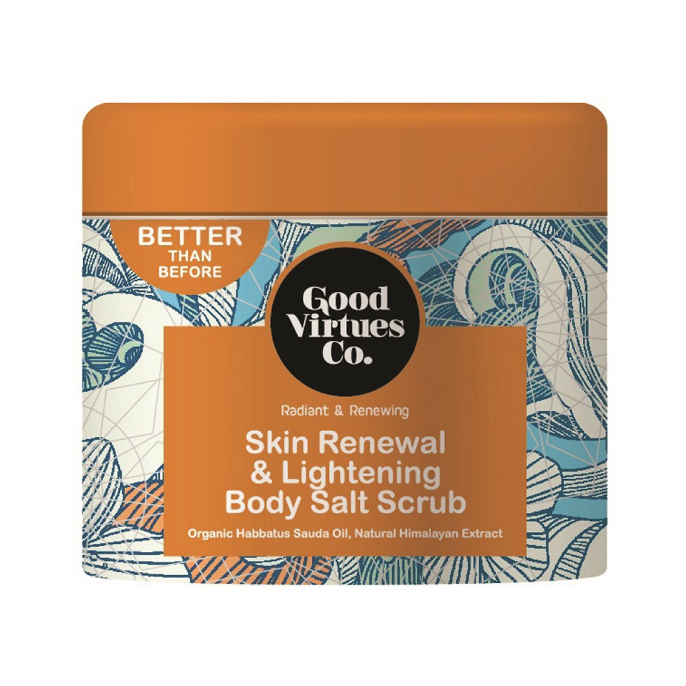 Good Virtues Co. Skin Renewal and Lightening Body Salt Scrub 200g tub on a clean background.