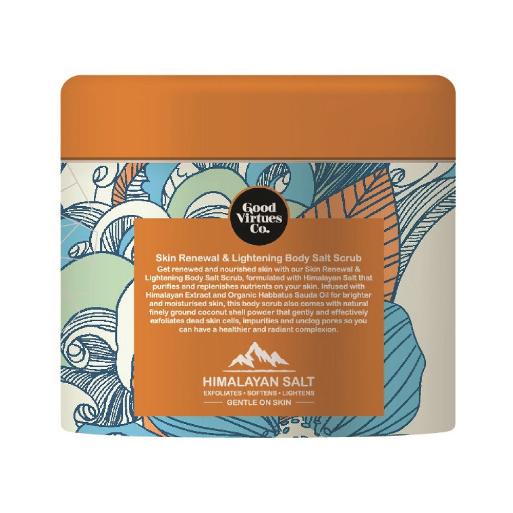Side of Good Virtues Co. Body Salt Scrub 200g packaging showing its benefits.