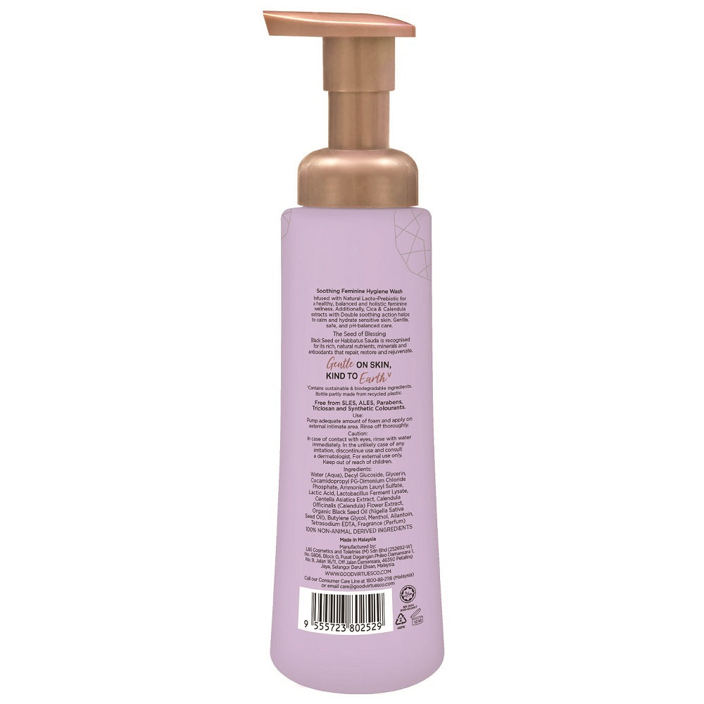Back label of Good Virtues Co. Soothing Feminine Wash showing ingredients and usage directions.