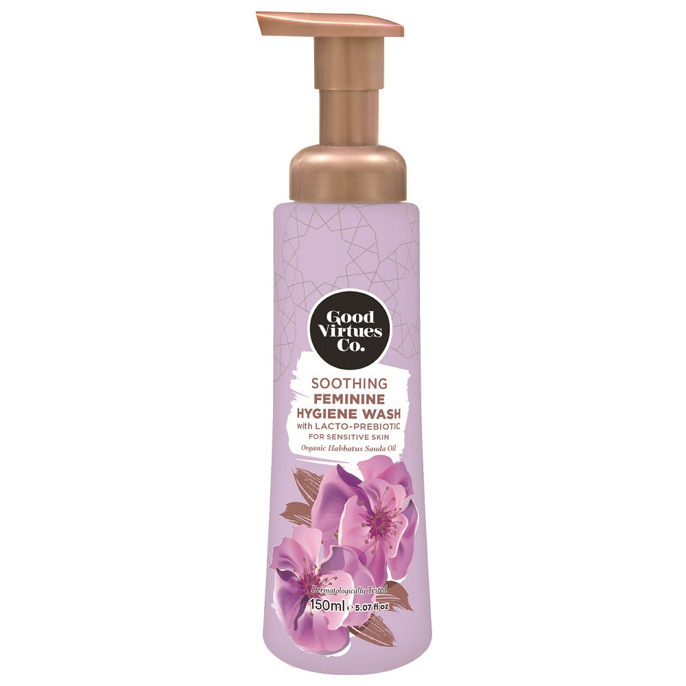 Front view of Good Virtues Co. Soothing Feminine Hygiene Wash 150ml bottle against a clean background.