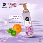 Good Virtues Co. Soothing Feminine Wash on a purple background showing calendula & cica ingredient