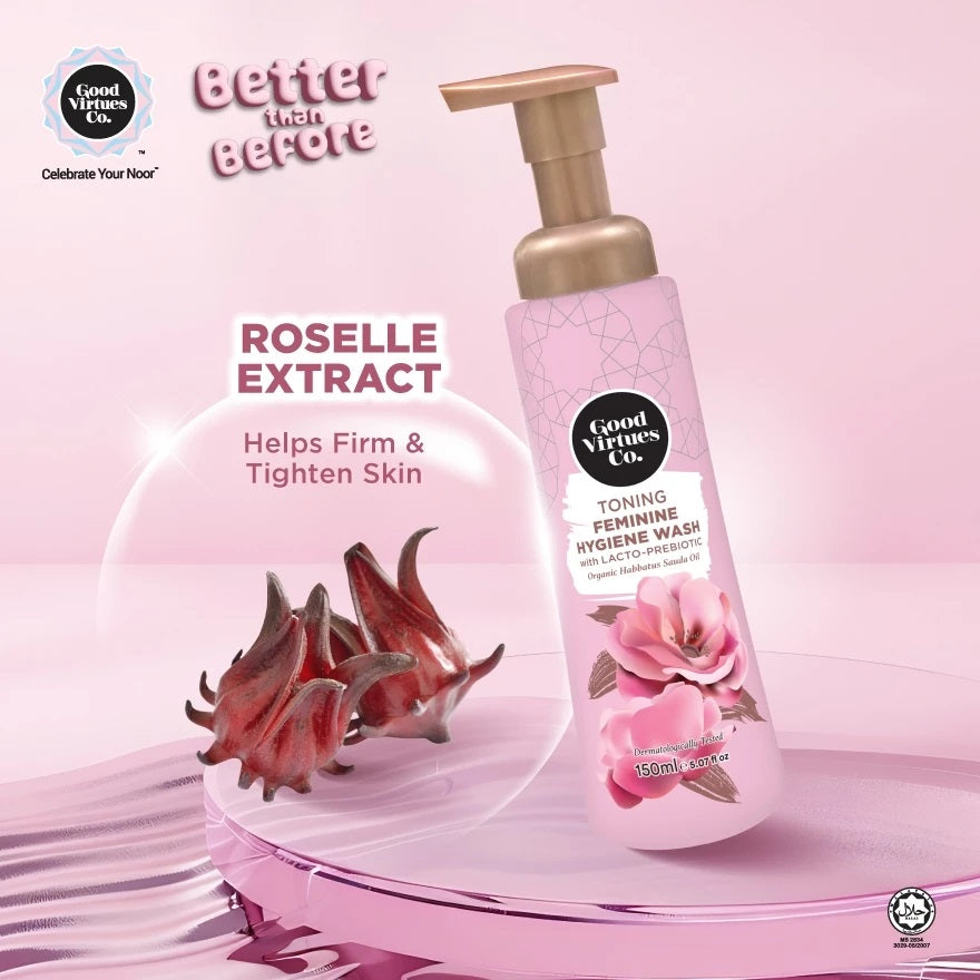 Good Virtues Co. Toning Feminine Hygiene Wash placed on a pink background
