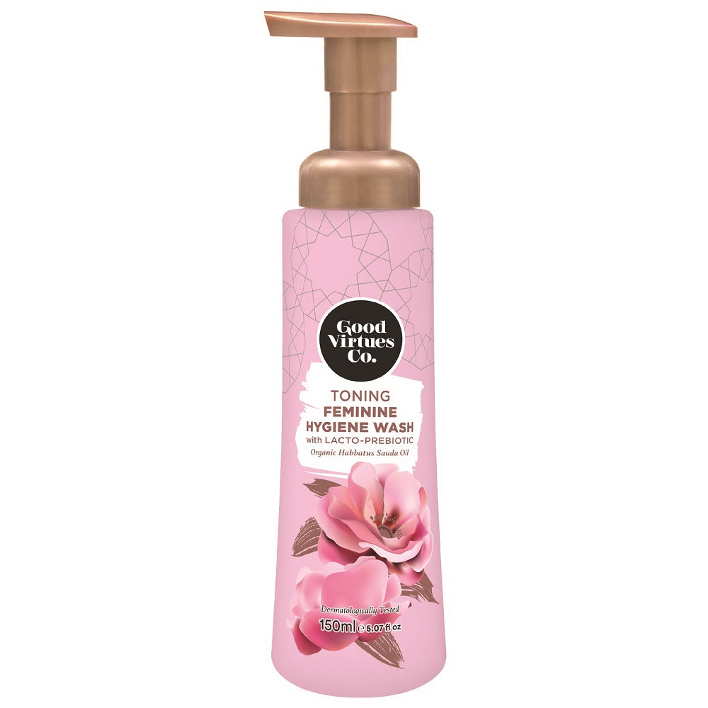 Good Virtues Co. Toning Feminine Hygiene Wash 150ml bottle on a clean white background.