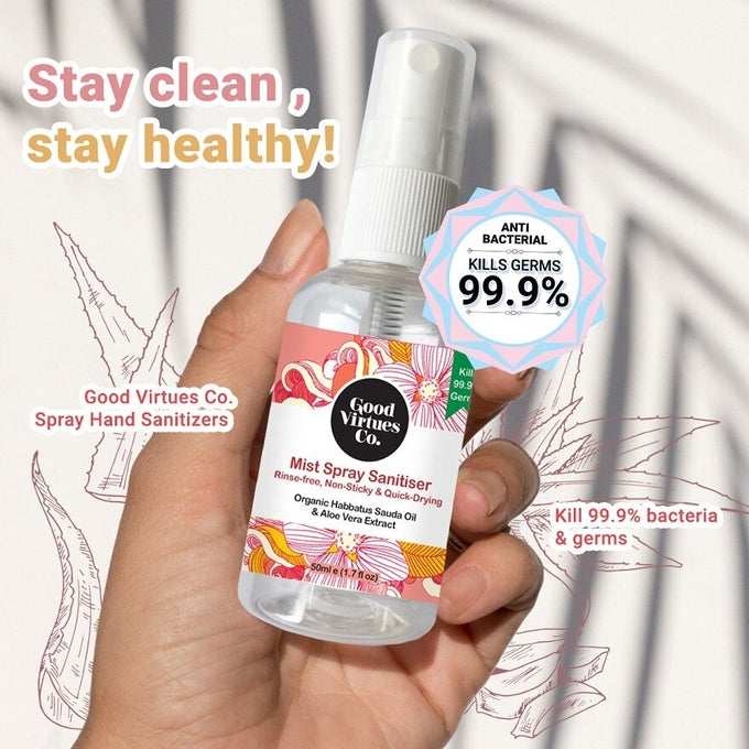 Travel-friendly Good Virtues Co. 50ml mist spray sanitiser fitting easily into a handbag