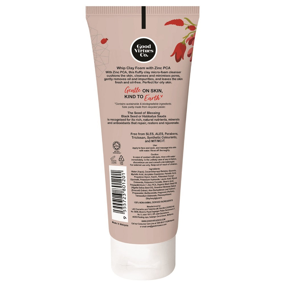 Infographic displaying the key benefits and ingredients of Good Virtues Co. Whip Clay Foam Cleanser
