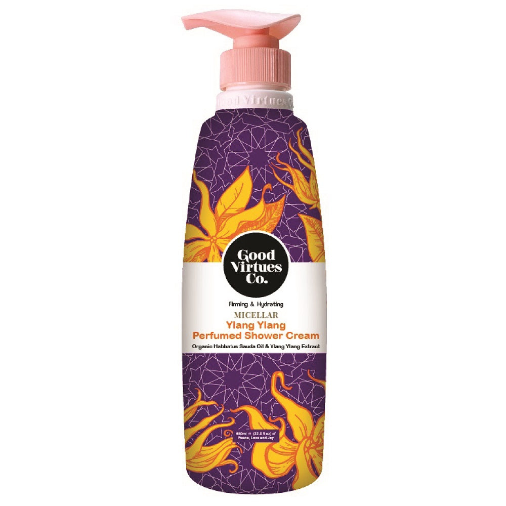 Good Virtues Co. Ylang Ylang Perfumed Shower Cream 650ml bottle on a clean white background.