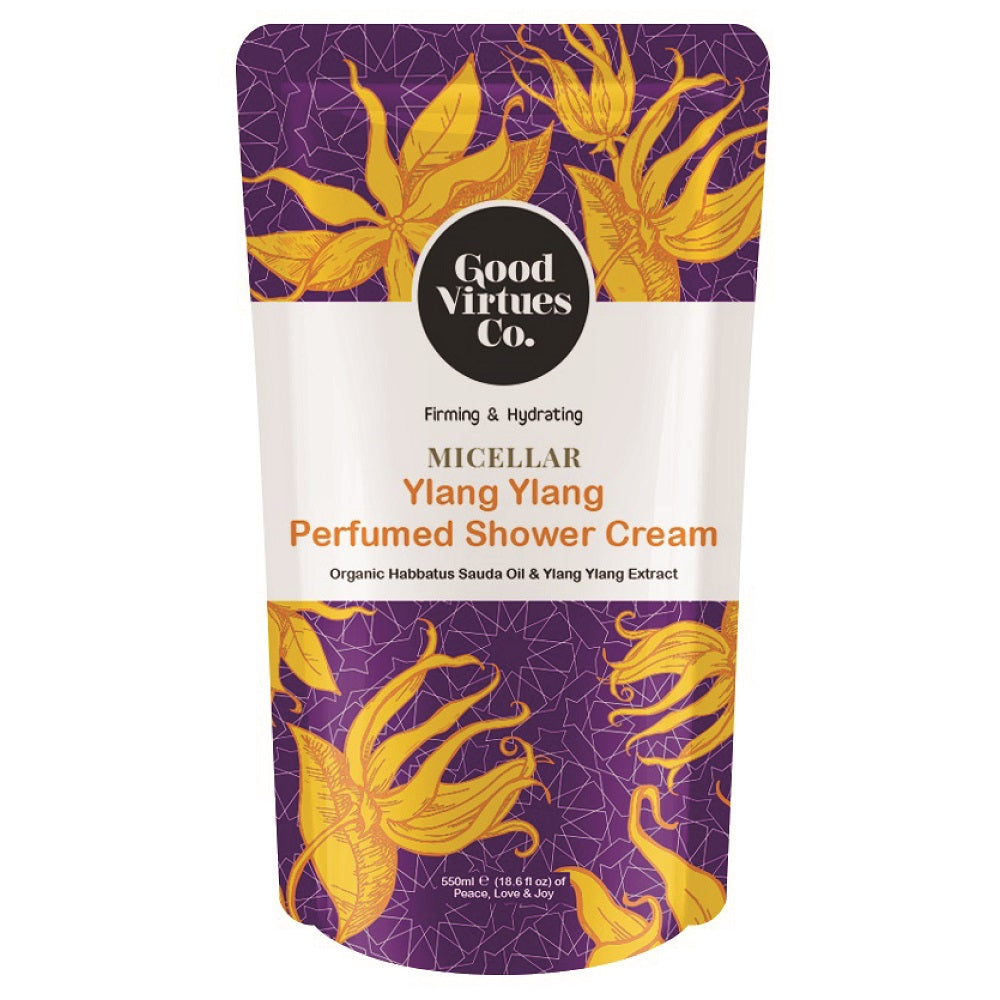 Good Virtues Co. Ylang Ylang Perfumed Shower Cream 550ml refill pouch on a clean background.