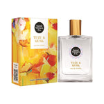 Good Virtues Co. Yuzu and Musk Eau De Toilette 50ml bottle next to its packaging box, showing the vibrant yellow and floral design.
