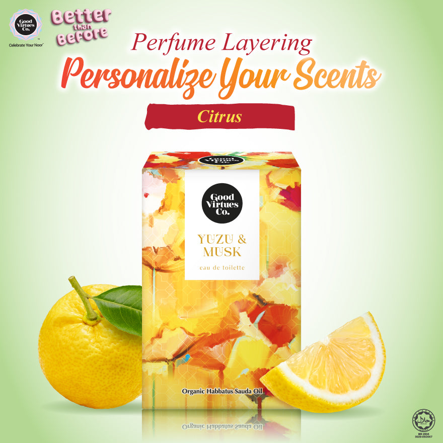 Good Virtues Co. perfume packaging with yuzu and musk theme on a light green background
