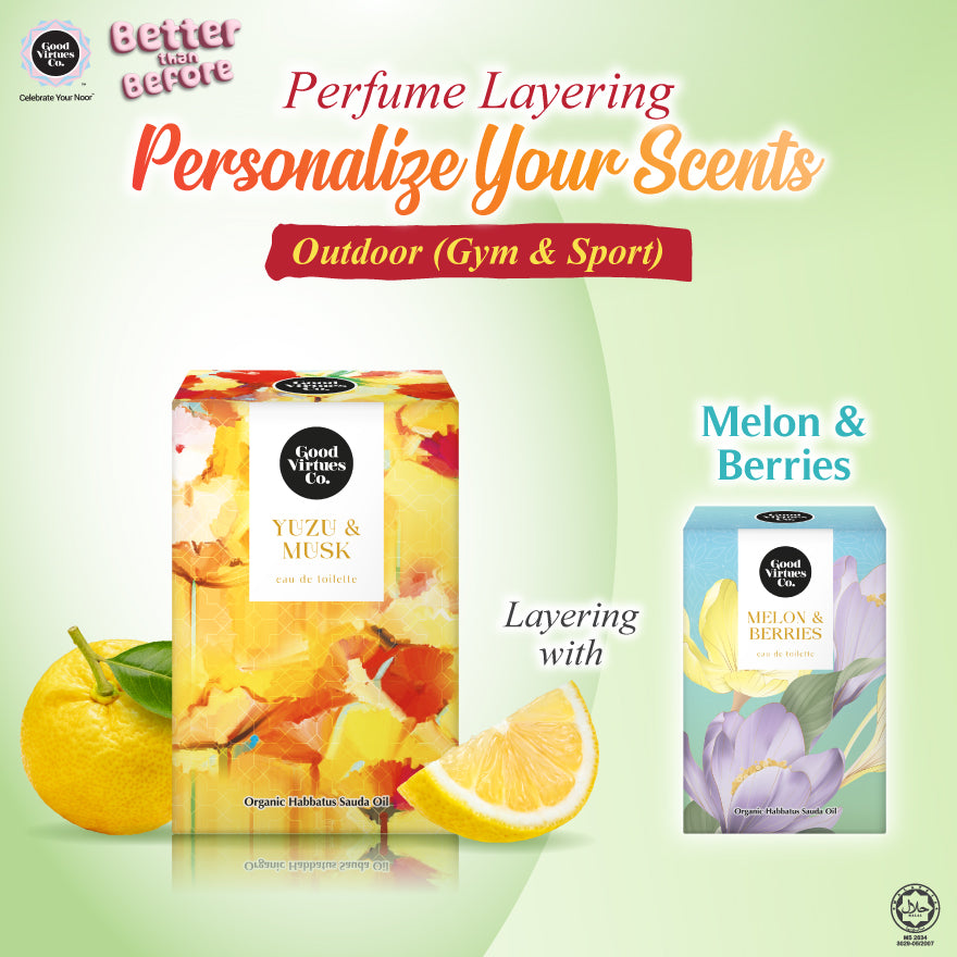 Two perfume packaging with text 'Personalize Your Scents' and 'Outdoor (Gym & Sport)' on a light green background.
