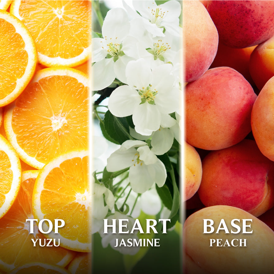 Three sections labeled 'Top', 'Heart', and 'Base' with yuzu, jasmine, and peach images.