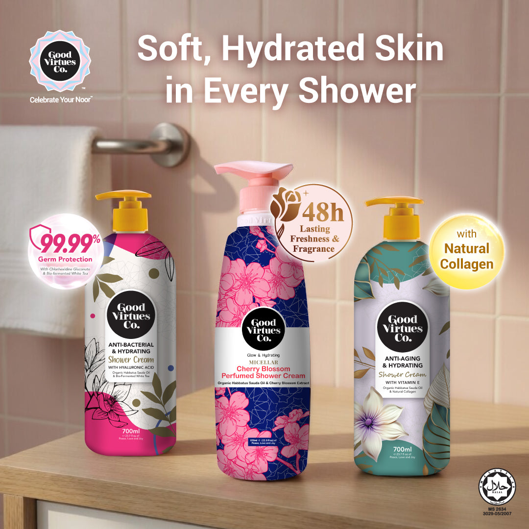 Three Good Virtues Co. shower cream bottles displayed on a bathroom shelf with promotional text overlays.