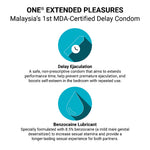 Advertisement for ONE Extended Pleasures MDA-Certified Delay Condom with text and icons on a white background.