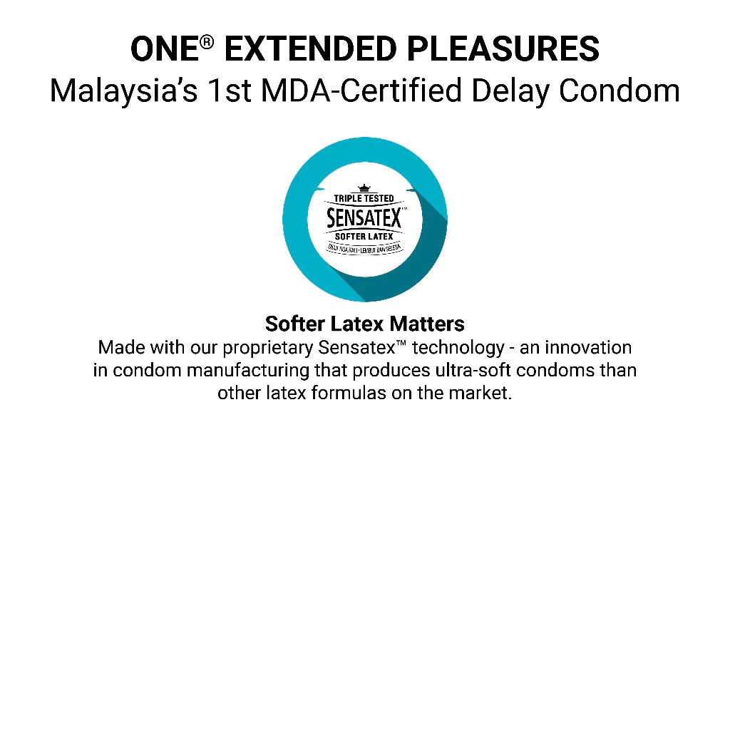 Advertisement for ONE Extended Pleasures MDA-Certified Delay Condom with Sensatex logo on a white background.