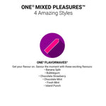 Advertisement for 'ONE Mixed Pleasures' with flavor options on a white background