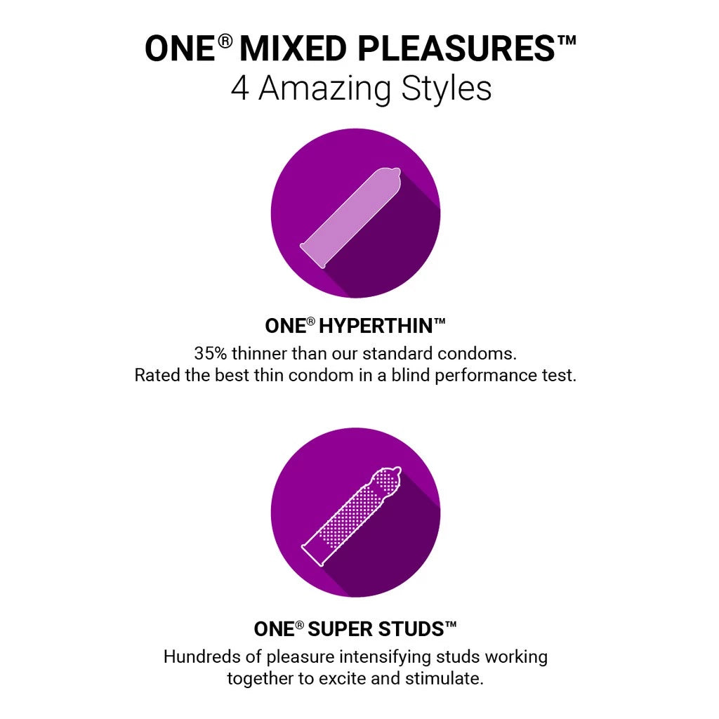 Advertisement for ONE Mixed Pleasures condoms with product illustrations and text on a white background.