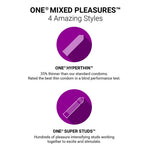 Advertisement for ONE Mixed Pleasures condoms with product illustrations and text on a white background.