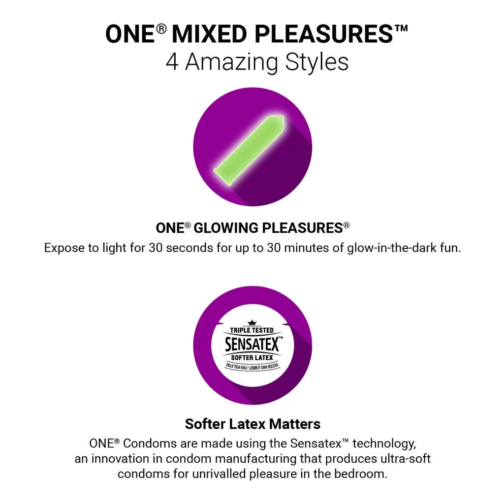 Advertisement for ONE Mixed Pleasures condoms with glowing pleasure feature and Sensatex technology details.