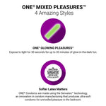 Advertisement for ONE Mixed Pleasures condoms with glowing pleasure feature and Sensatex technology details.