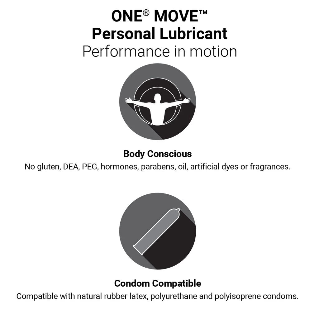 Advertisement for ONE MOVE personal lubricant with product features listed.