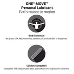 Advertisement for ONE MOVE personal lubricant with product features listed.