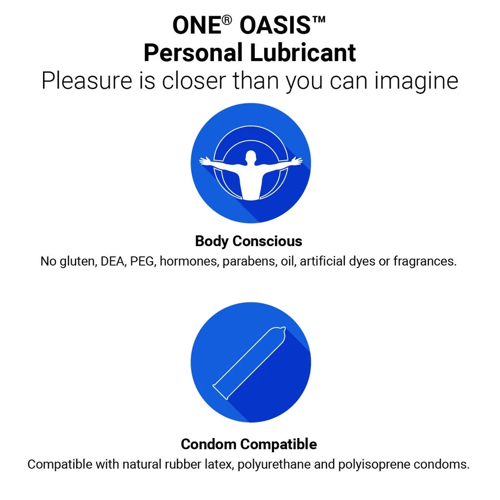 Advertisement for ONE OASIS personal lubricant with product features listed.