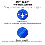 Advertisement for ONE OASIS personal lubricant with product features listed.