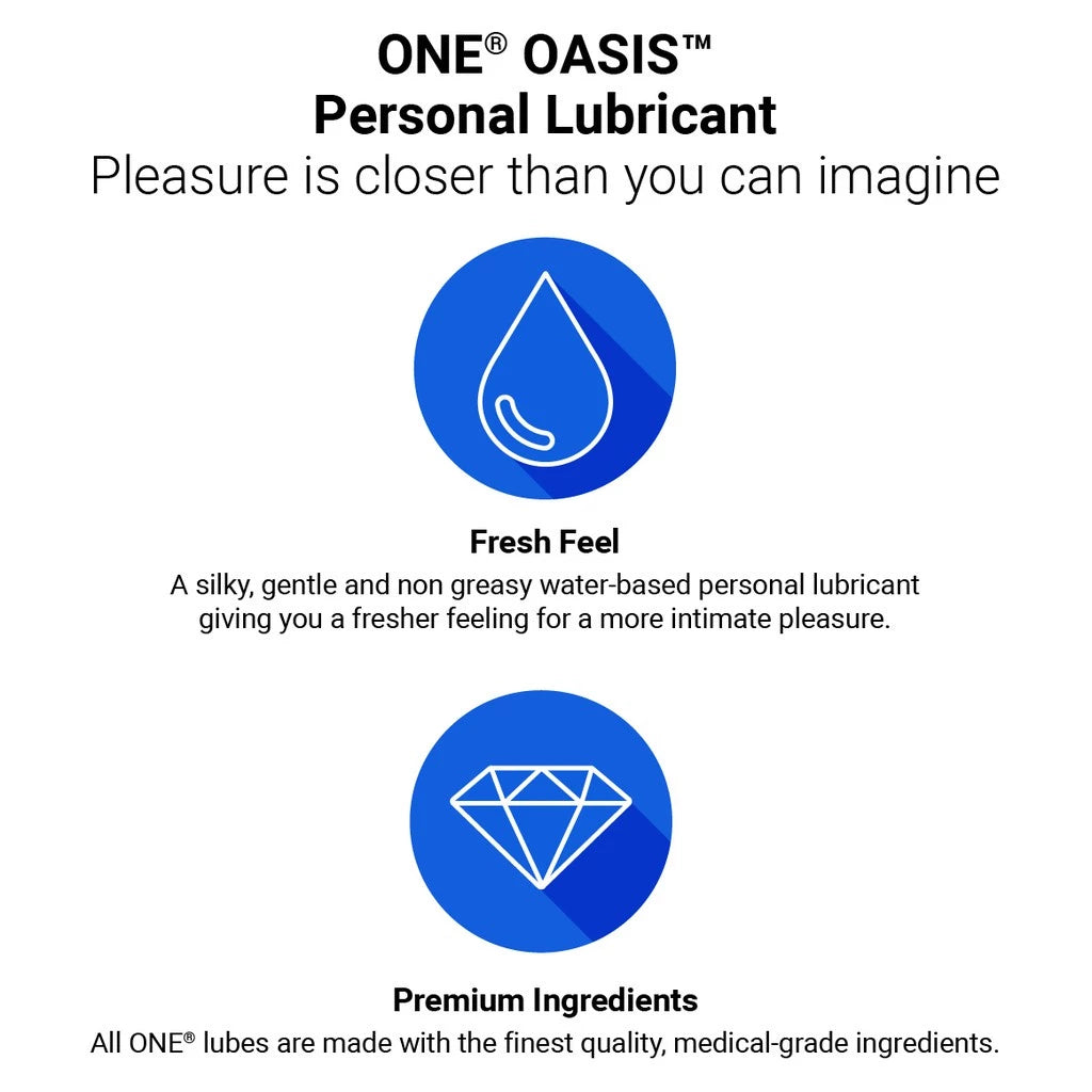 Advertisement for ONE OASIS personal lubricant with icons and text on a white background