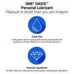 Advertisement for ONE OASIS personal lubricant with icons and text on a white background