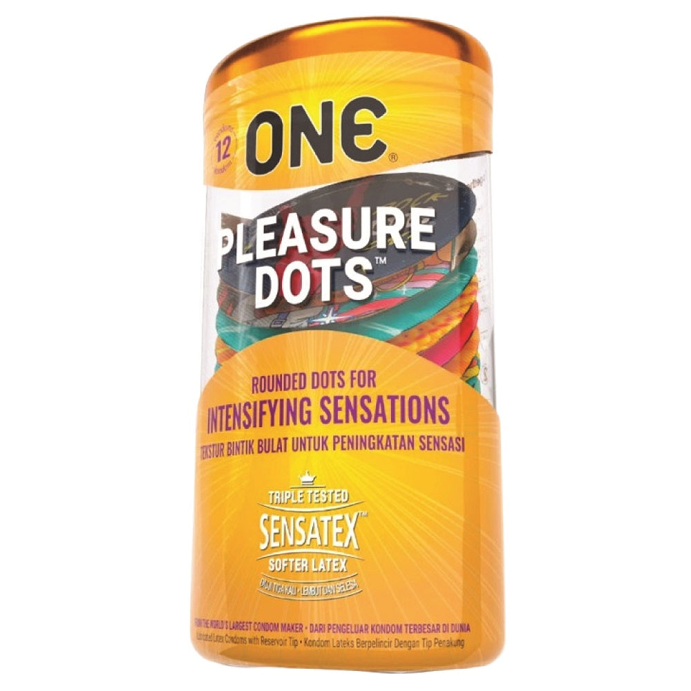 Front packaging of ONE Pleasure Dots Condoms 12-pack