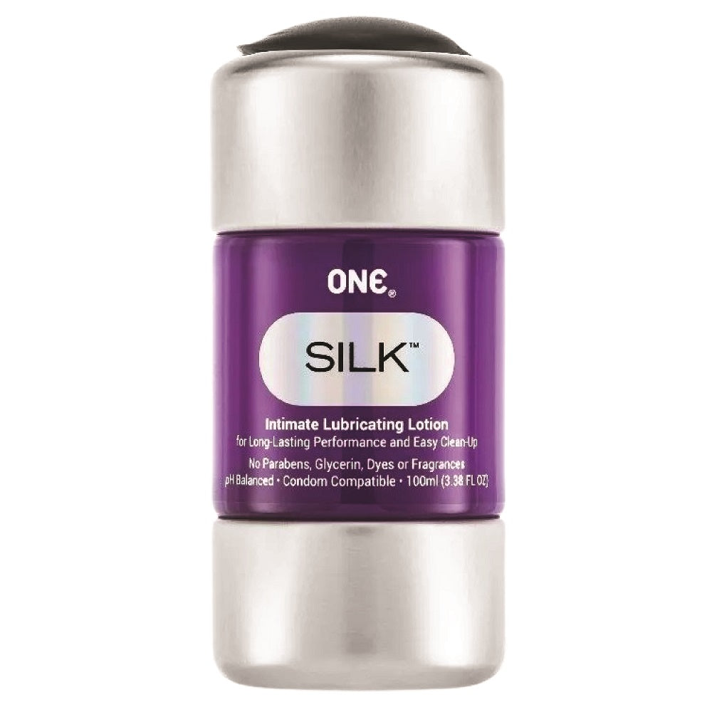 ONE Silk Intimate Lubricating Lotion 100ml bottle standing upright on a clean, minimalist background.