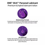 Advertisement for ONE SILK™ Personal Lubricant with text and icons on a white background