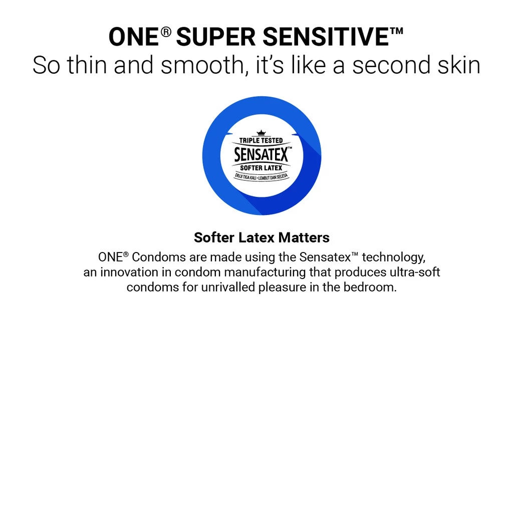 Advertisement for ONE Super Sensitive condoms with Sensatex logo on a white background